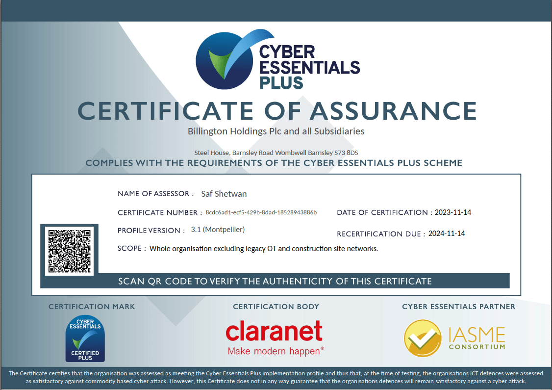 Cyber Essentials Plus Accreditation Attained By Billington Holdings