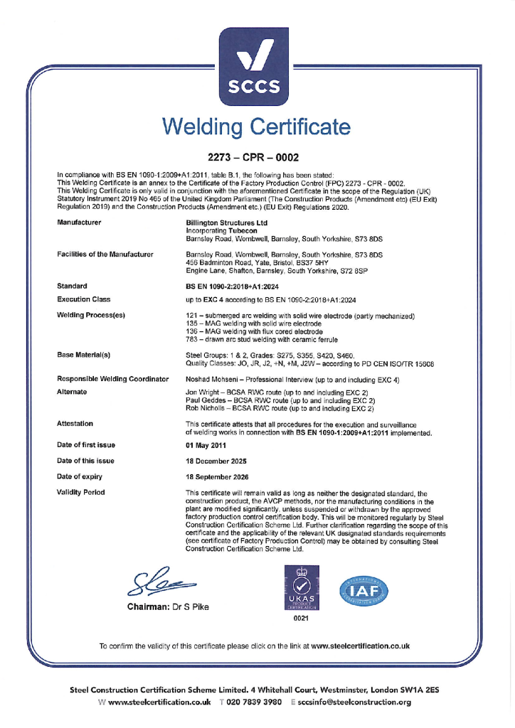 BS EN 1090-2: 2018 Welding Certificate