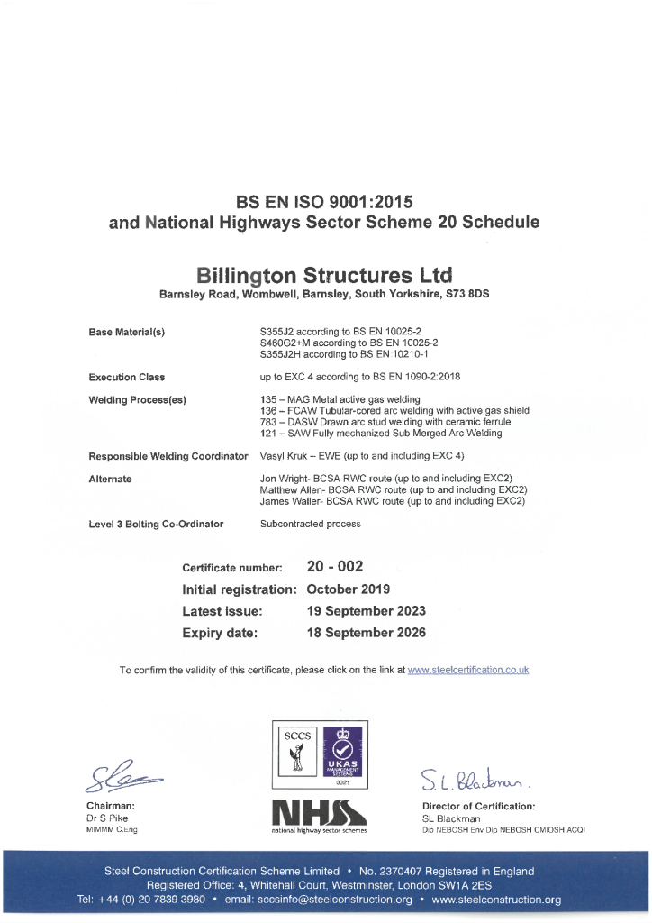 BS EN ISO – NHSS Scheme 20 Schedule Transportation Infrastructure Assets