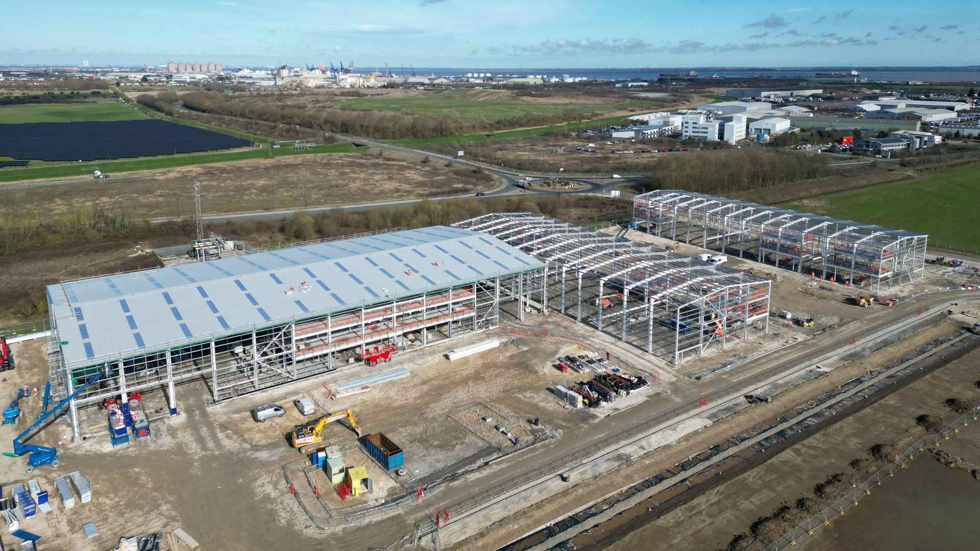 Aerial view of the steelwork erection on Stallingborough Interchange